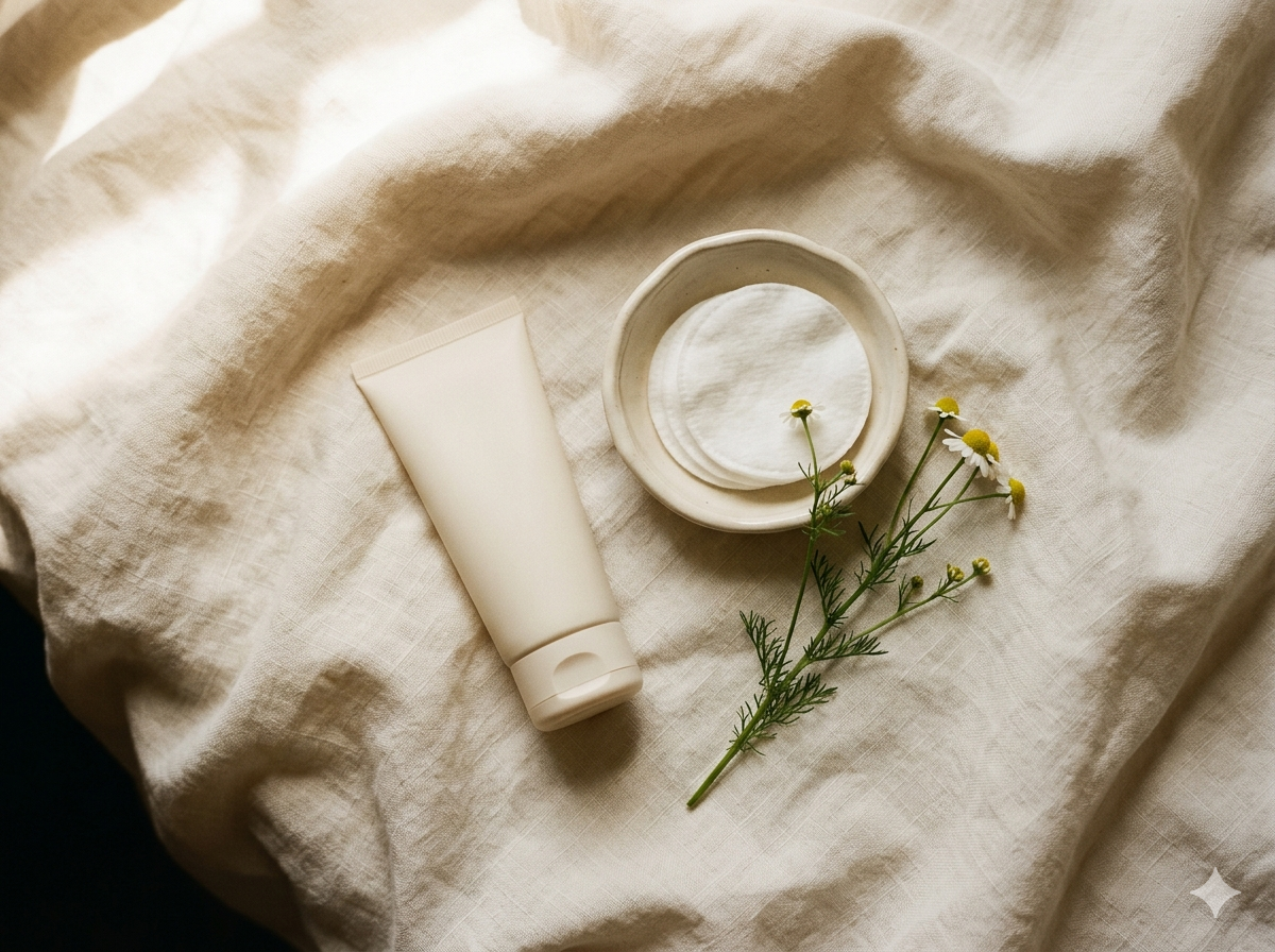 Mineral SPF tube and chamomile sprig on warm linen.