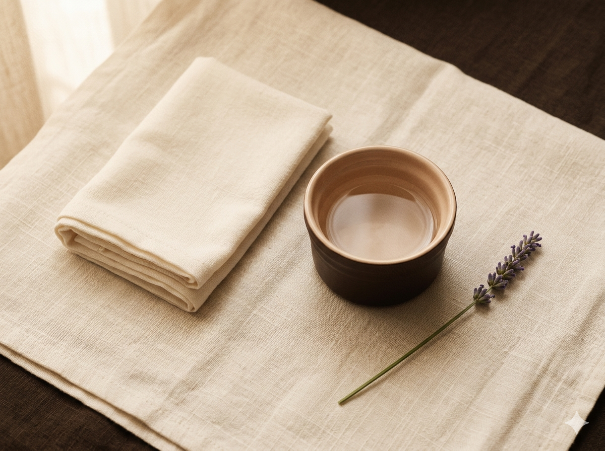Cream cotton compress and lavender on linen, post-facial register.