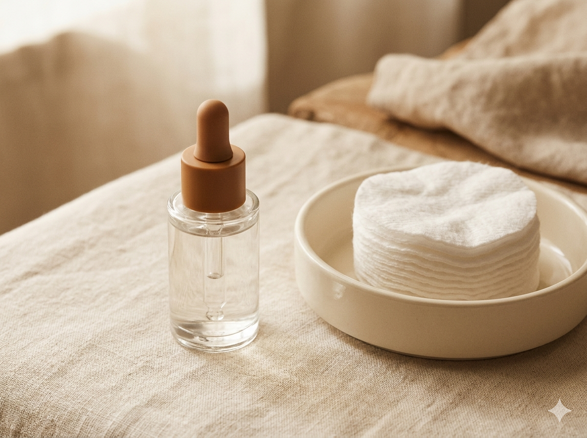 Unbranded amber dropper bottle of hydrating serum on warm linen.