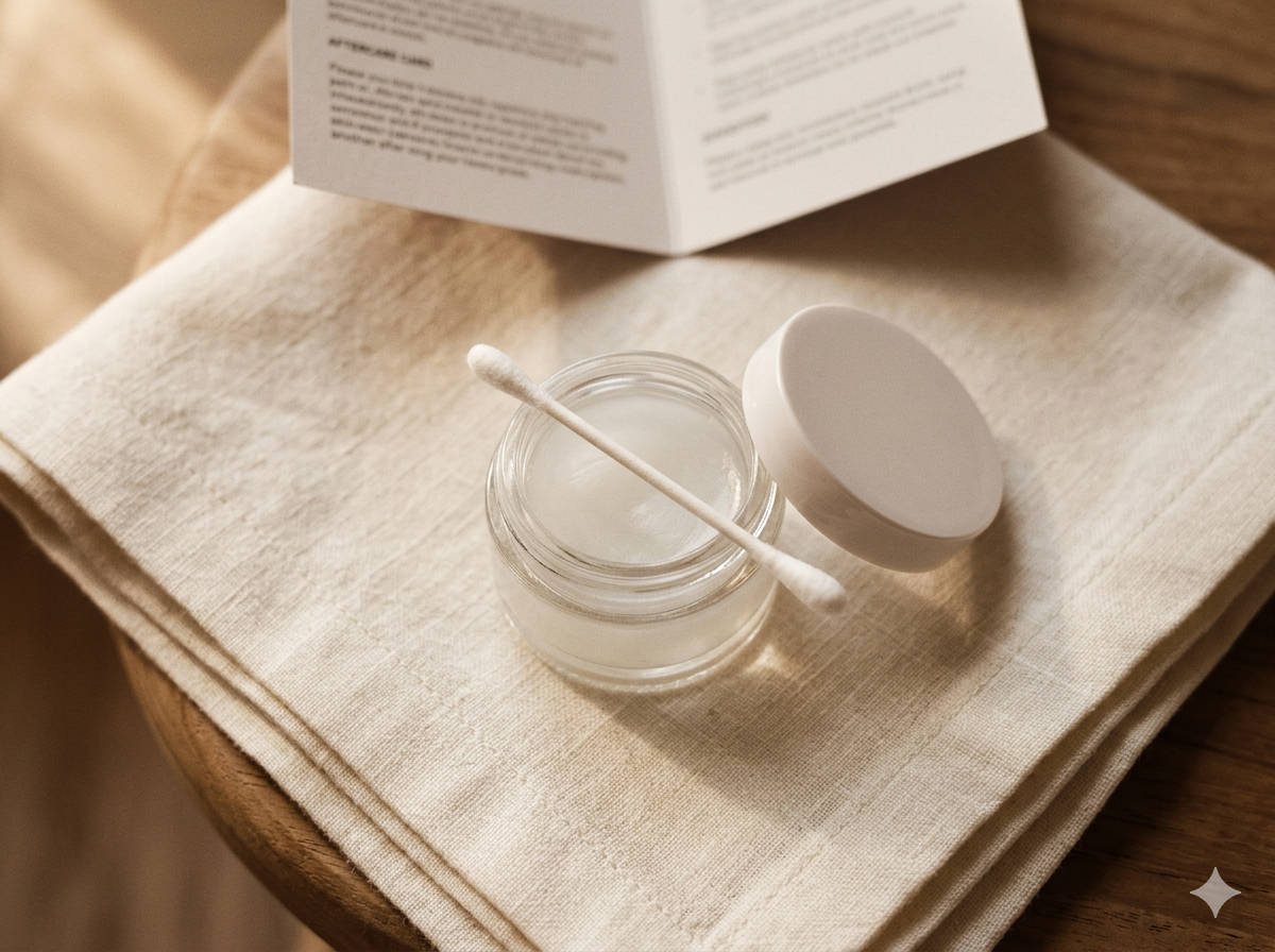 Cream linen napkin with healing balm jar and a cotton bud.