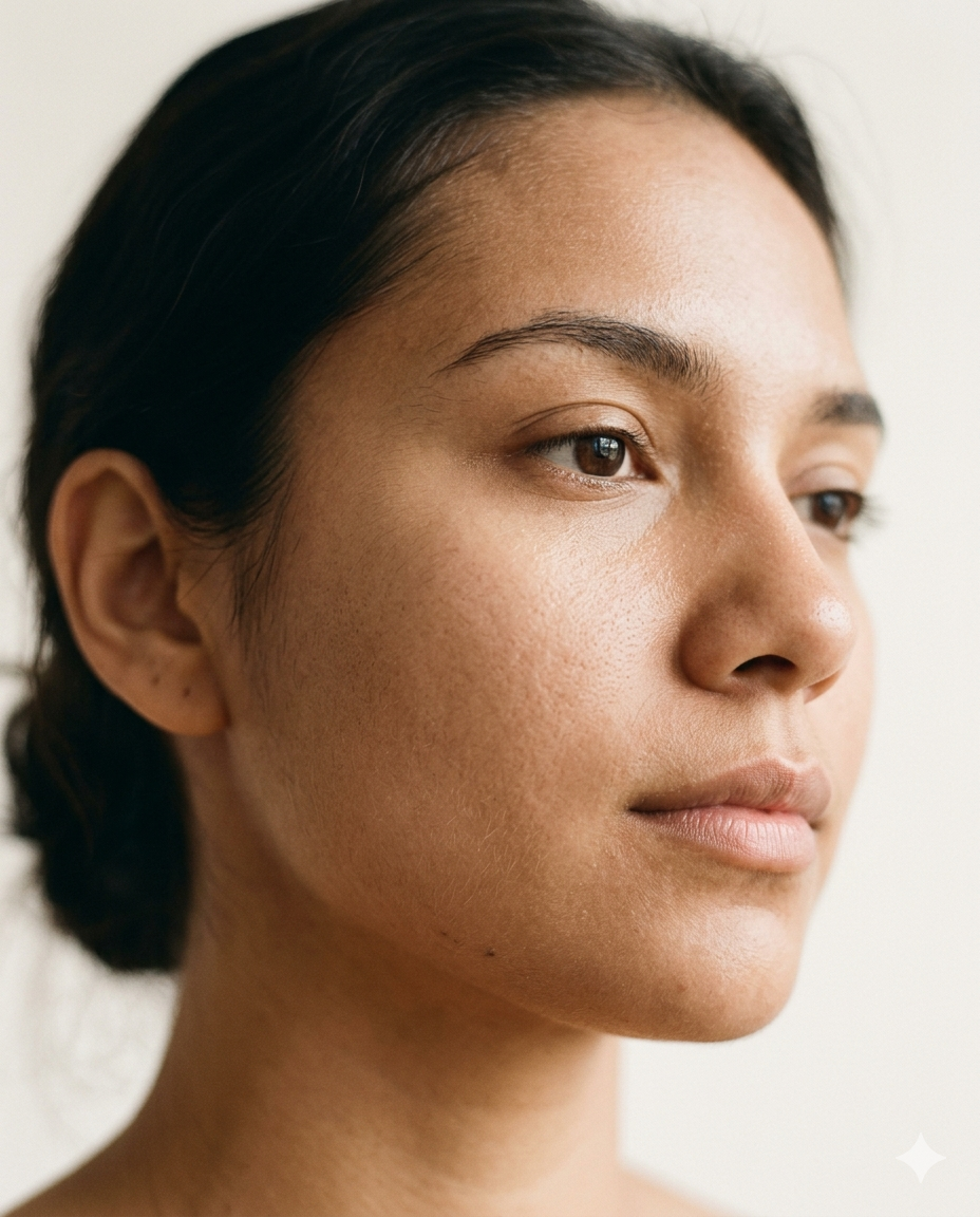 Calm post-acne-facial cheek with clear, healthy texture.