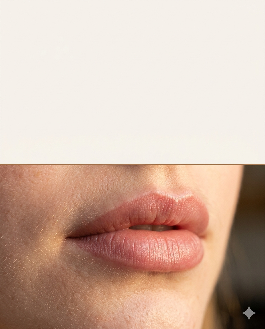 Healed lip blush close-up in a soft dusty rose.