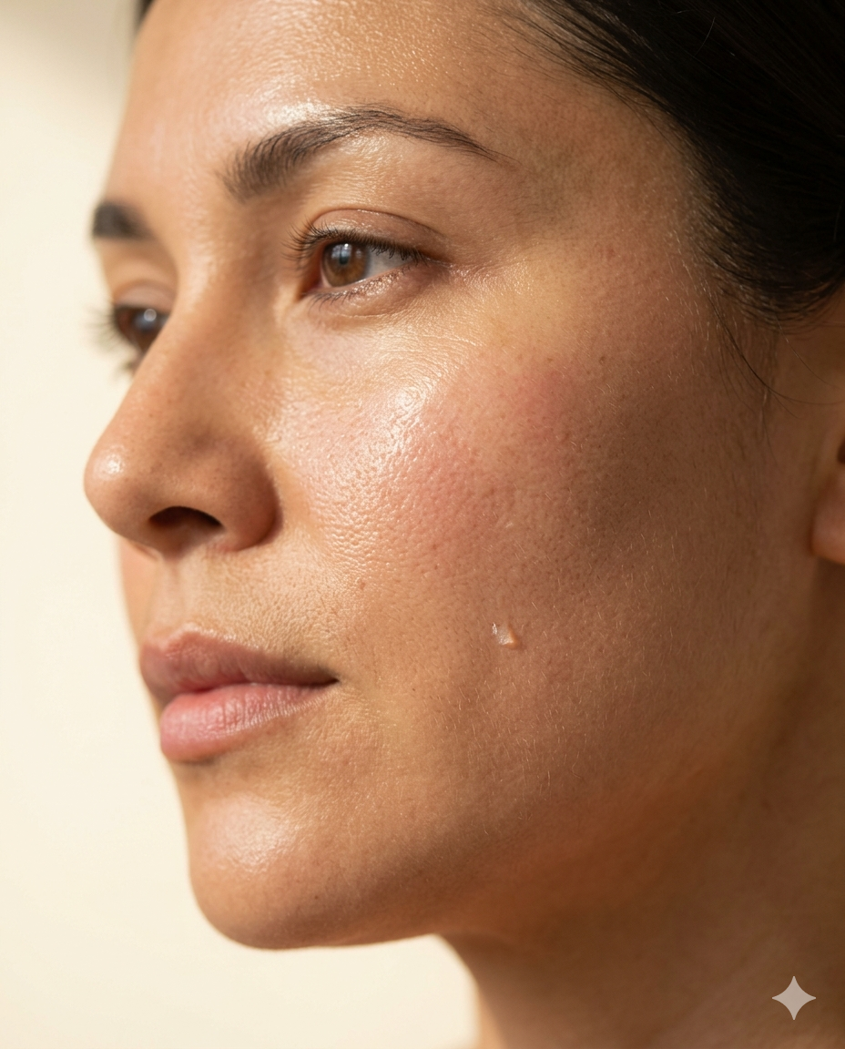 Glowing post-microneedling cheek with healthy luminous finish.