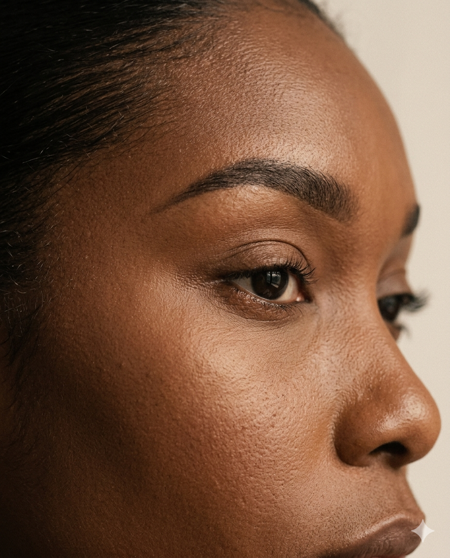 Ombre brow on deep skin tone, deeper warm-espresso powder gradient.
