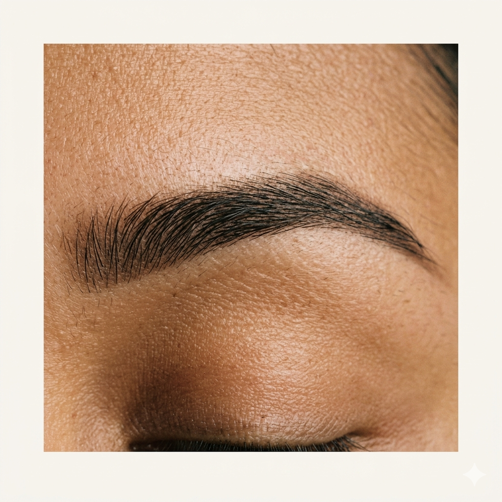 Healed ombre brow detail, top-down macro.