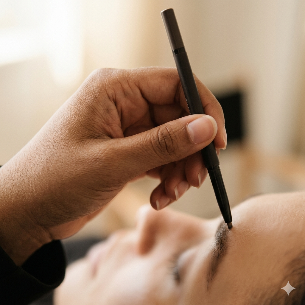 Practitioner hand holding a precision brow pencil.