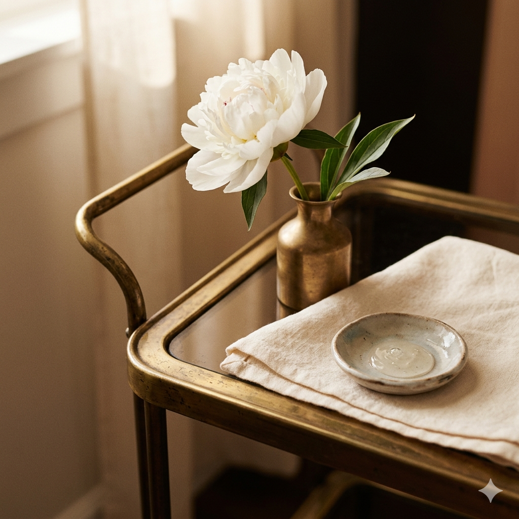 Studio still life: peony and brass trolley corner.