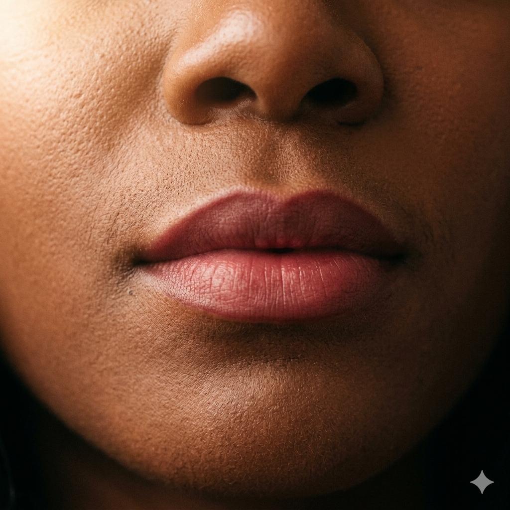 Healed lip blush close-up in warm berry-rose.