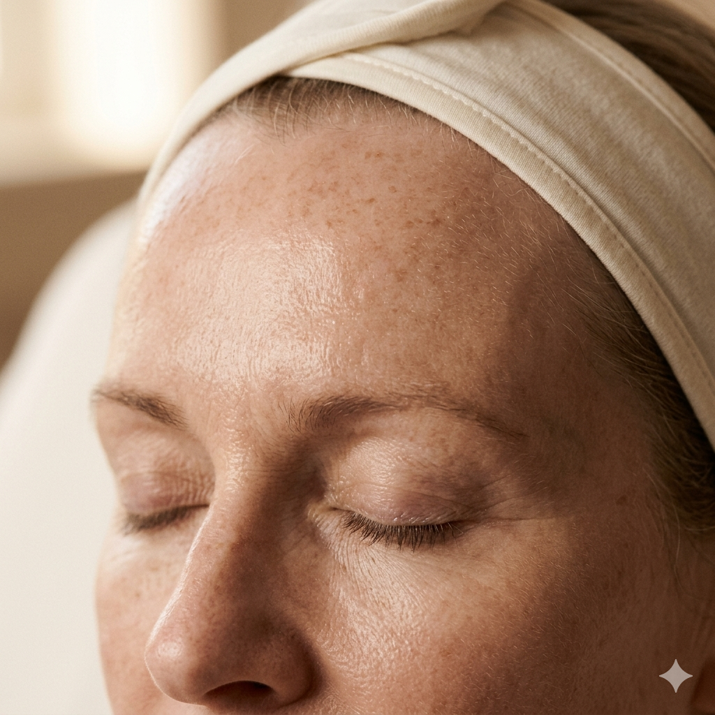 Forehead and brow with post-facial dewy luminosity.