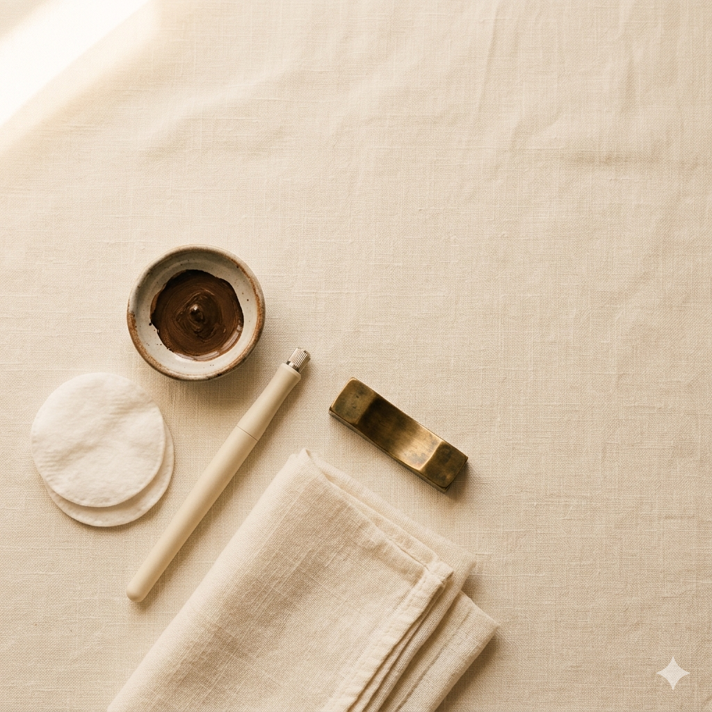 Practitioner tools flat-lay on warm cream linen.