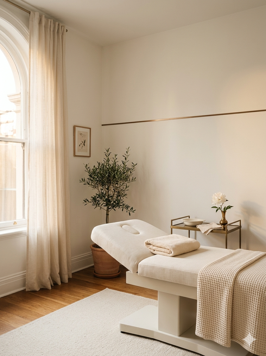 Calm cream-toned treatment room with linen bed and brass-edged trolley.