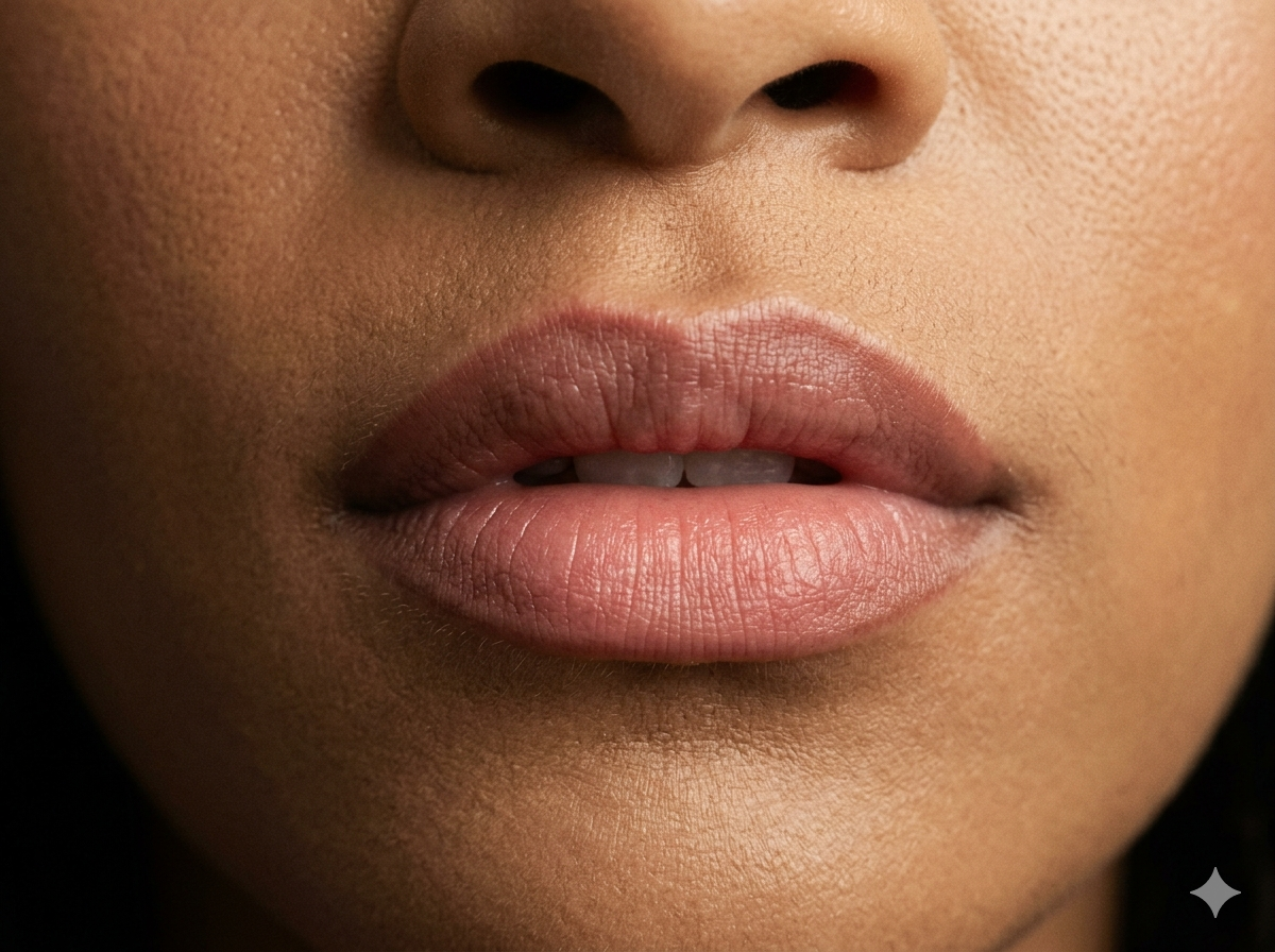 Healed lip blush in soft dusty rose with a natural border.