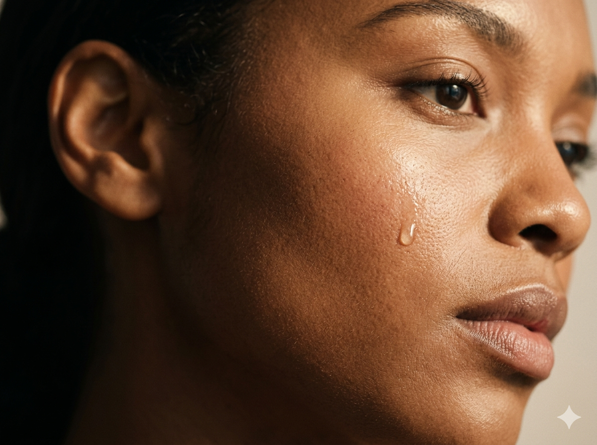 Glowing post-microneedling cheek with healthy luminous finish.