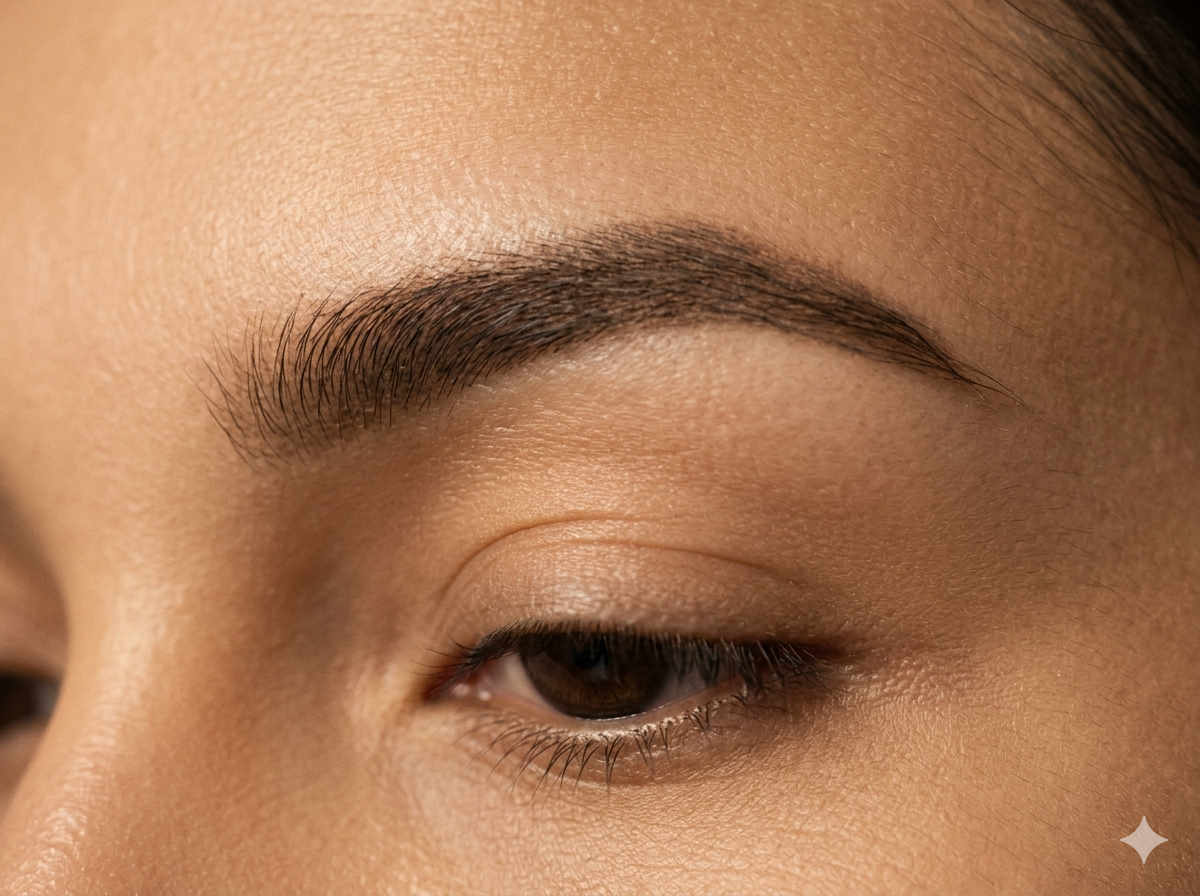 Close-up of healed ombre brows with soft powder gradient finish.