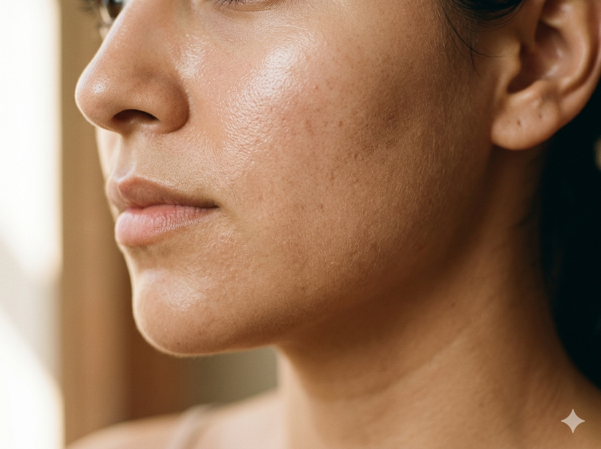 Calm, post-acne-facial cheek and jawline with healthy texture.