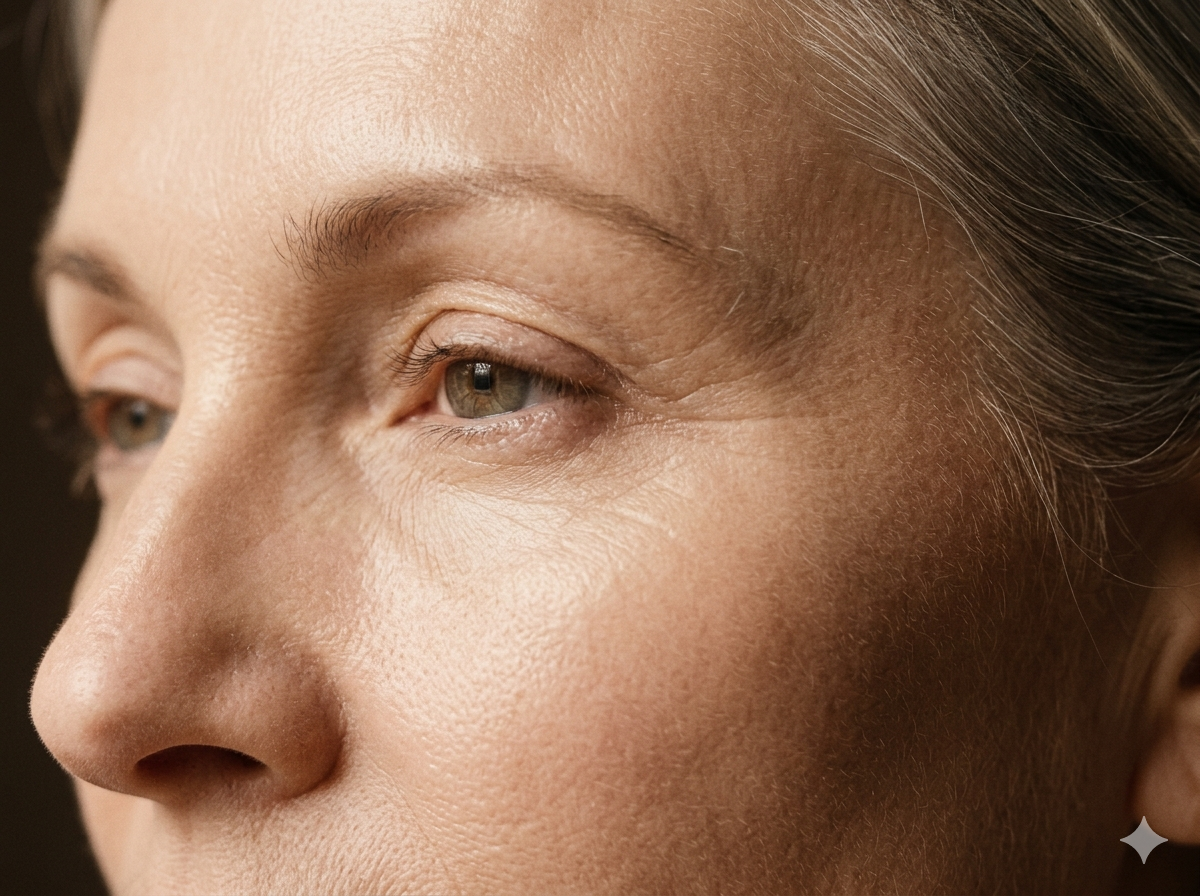 Eye area on mature skin with softened fine lines after treatment.
