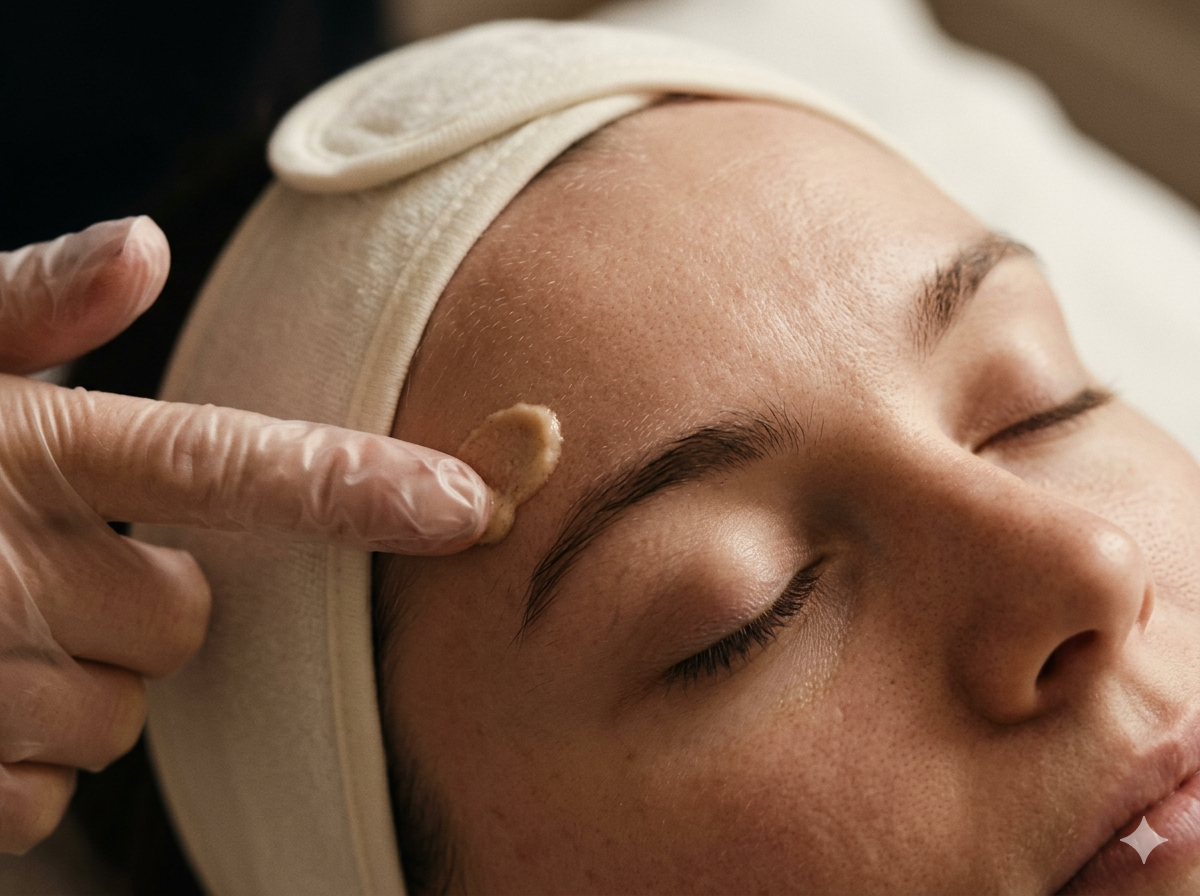 Practitioner hand resting on a client temple at the end of a facial.