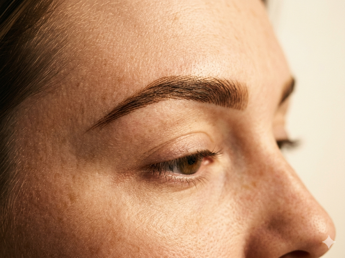 Healed microbladed brow with fine hair-stroke detail.
