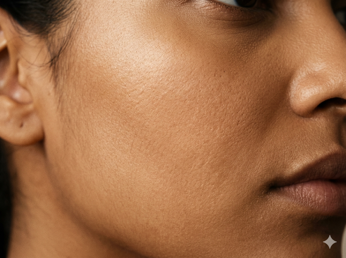 Cheek showing visibly even skin tone post pigmentation facial.