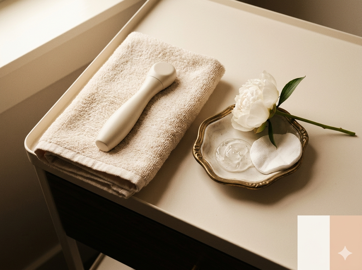 Treatment-room trolley with cream towel and unbranded RF wand.