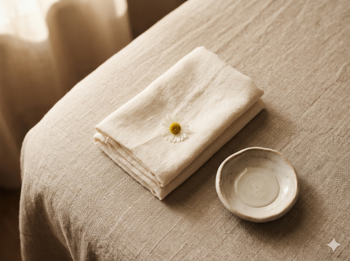 Chamomile flower on cream linen, sensitive-skin treatment register.