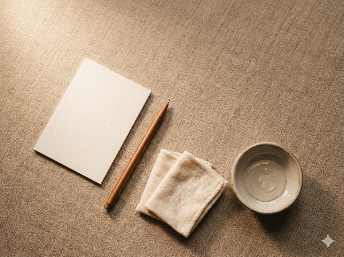 Cream consultation card and bronze pen on warm linen, skin package register.